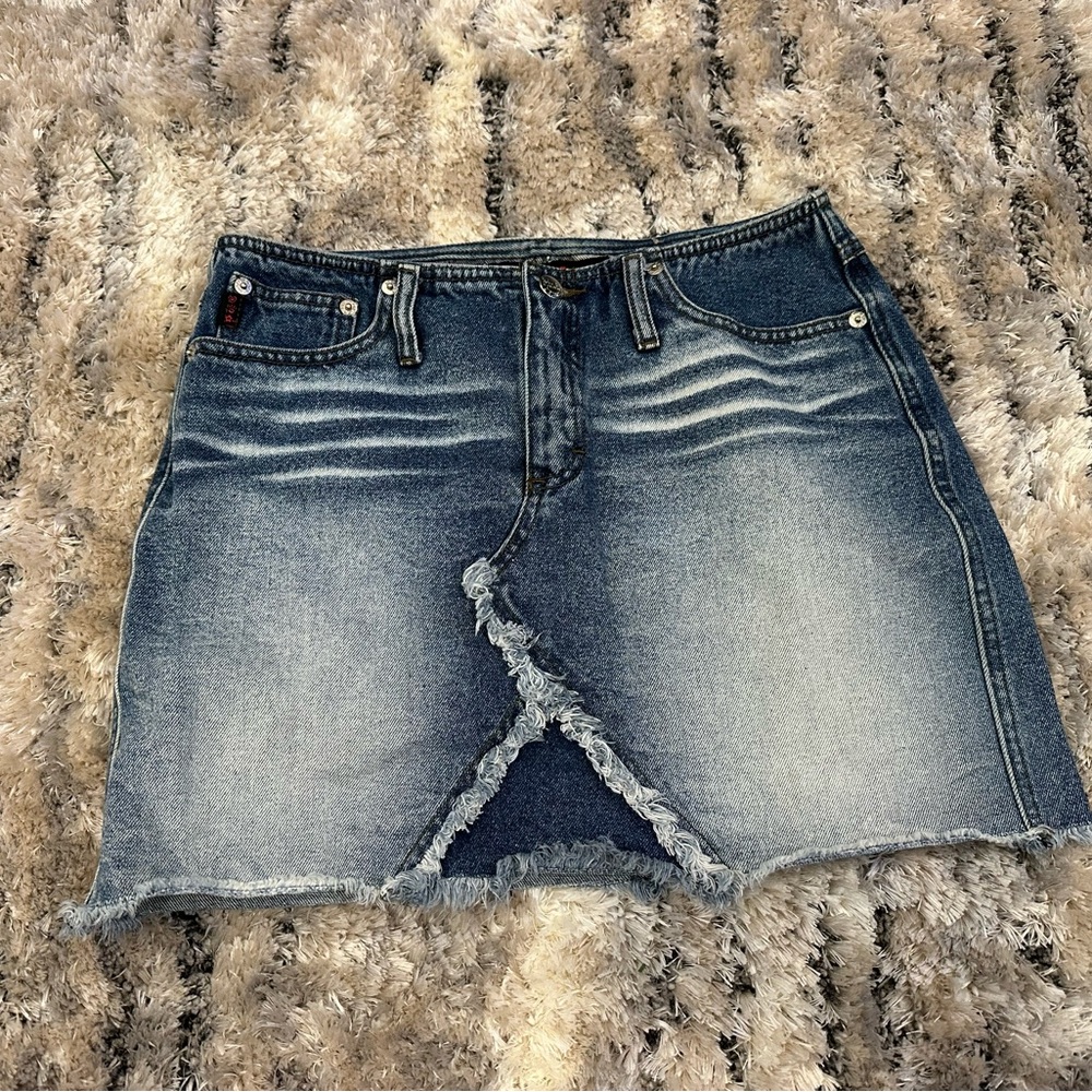 Mudd Y2K Denim 90s Distressed Fringe Mini Skirt Juniors 7